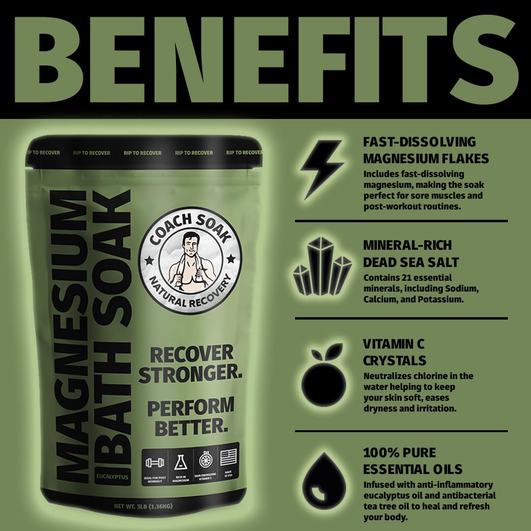 Ultimate Recovery Bath Soak with Eucalyptus & Tea Tree - Fast-Absorbing Magnesium Flakes and Mineral-Rich Dead Sea Salt for Soothing Relaxation - 3 Lb Pack